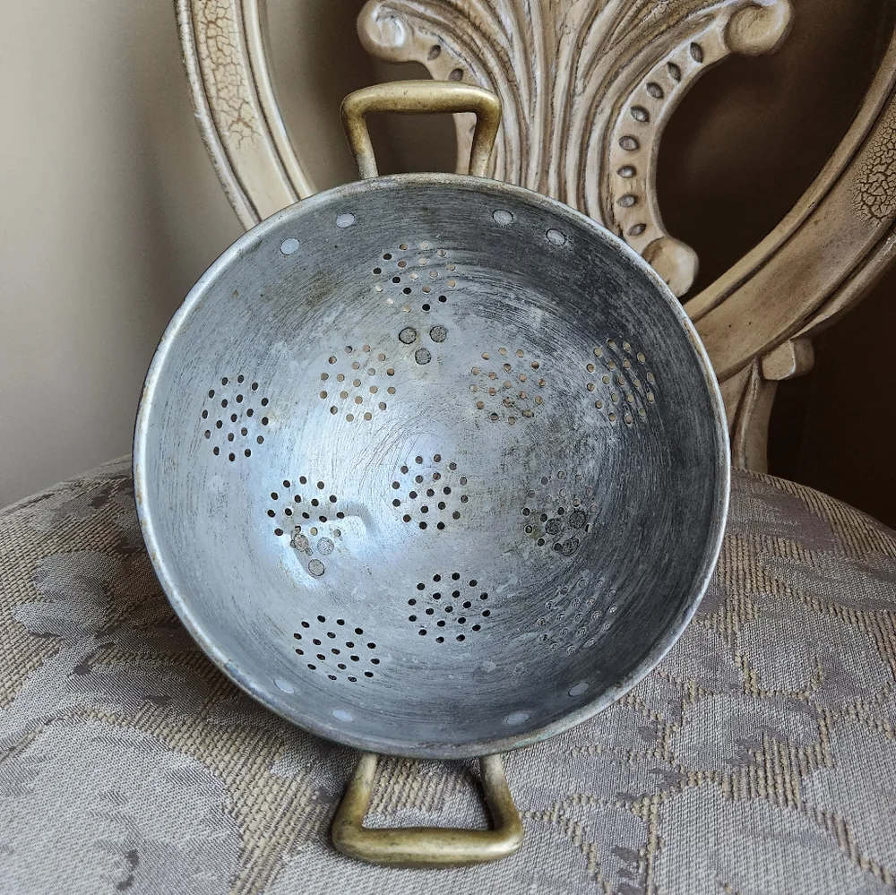 Antique copper colander with Brass Feet & Handles